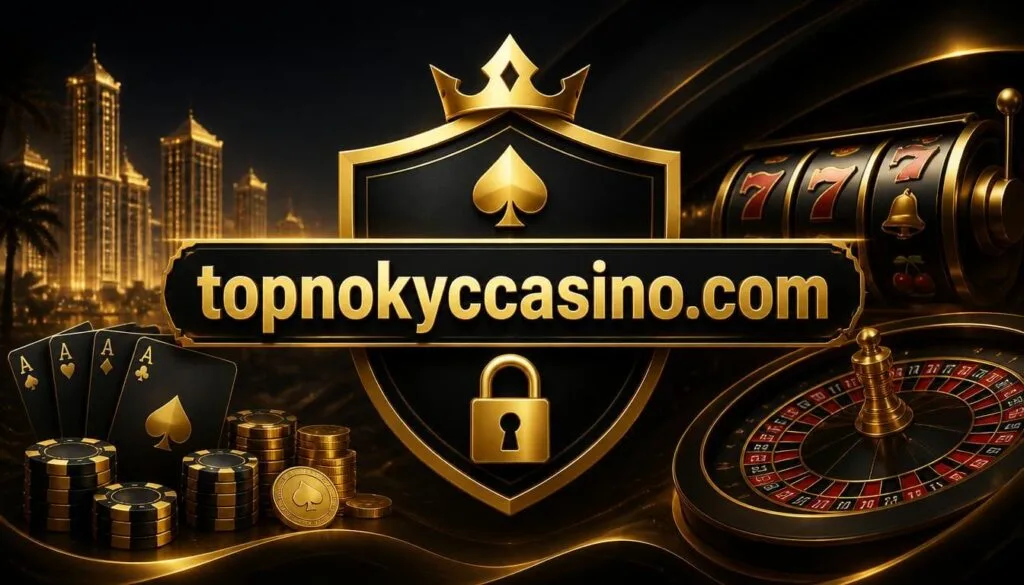 TopNoKycCasino.com banner featuring a golden shield with a padlock, playing cards, roulette wheel, poker chips, and slot machines representing secure and private no KYC crypto gambling